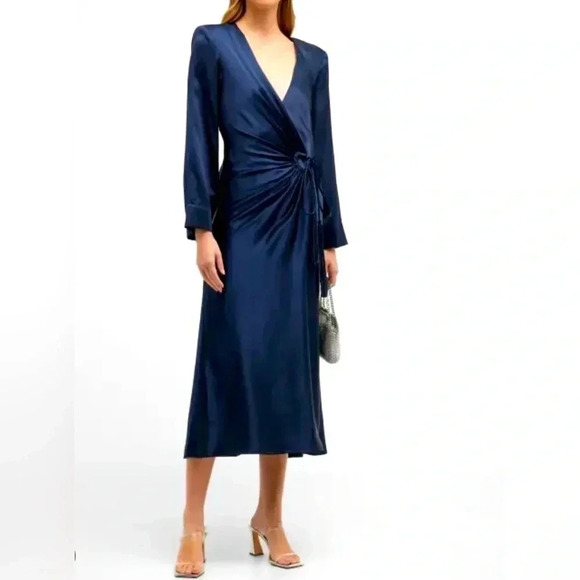 NWT-CINQ A SEPT SERENA SILK NAVY WRAP STYLE MIDI DRESS-Size 0 - Picture 4 of 6